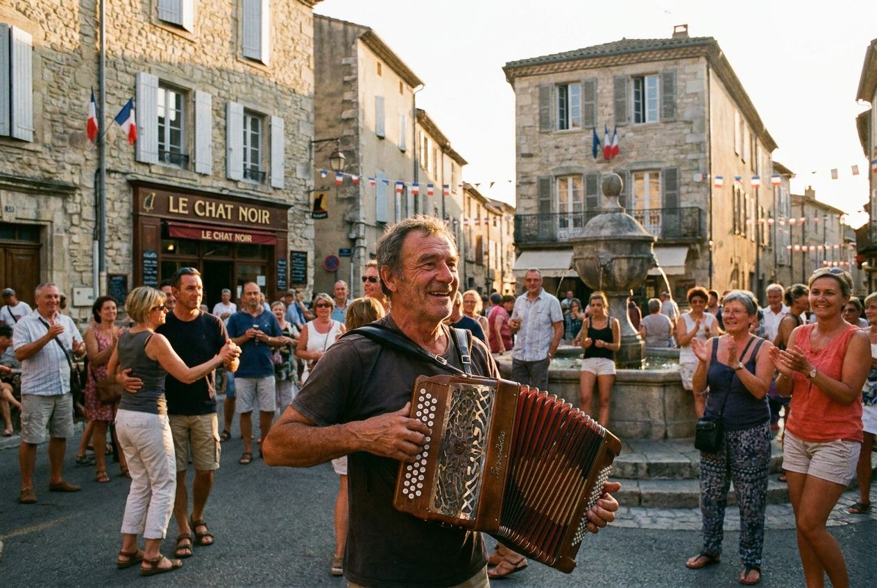 A vibrant, candid photograph capturing a skilled accordionist performing in a picturesque public square in a charming French town. A small, diverse crowd of people are gathered, some smiling and listening intently, others watching the performance or chatting, bathed in the soft glow of late afternoon light. The scene captures a moment of authentic French leisure and community, composed for a 3:2 landscape frame.