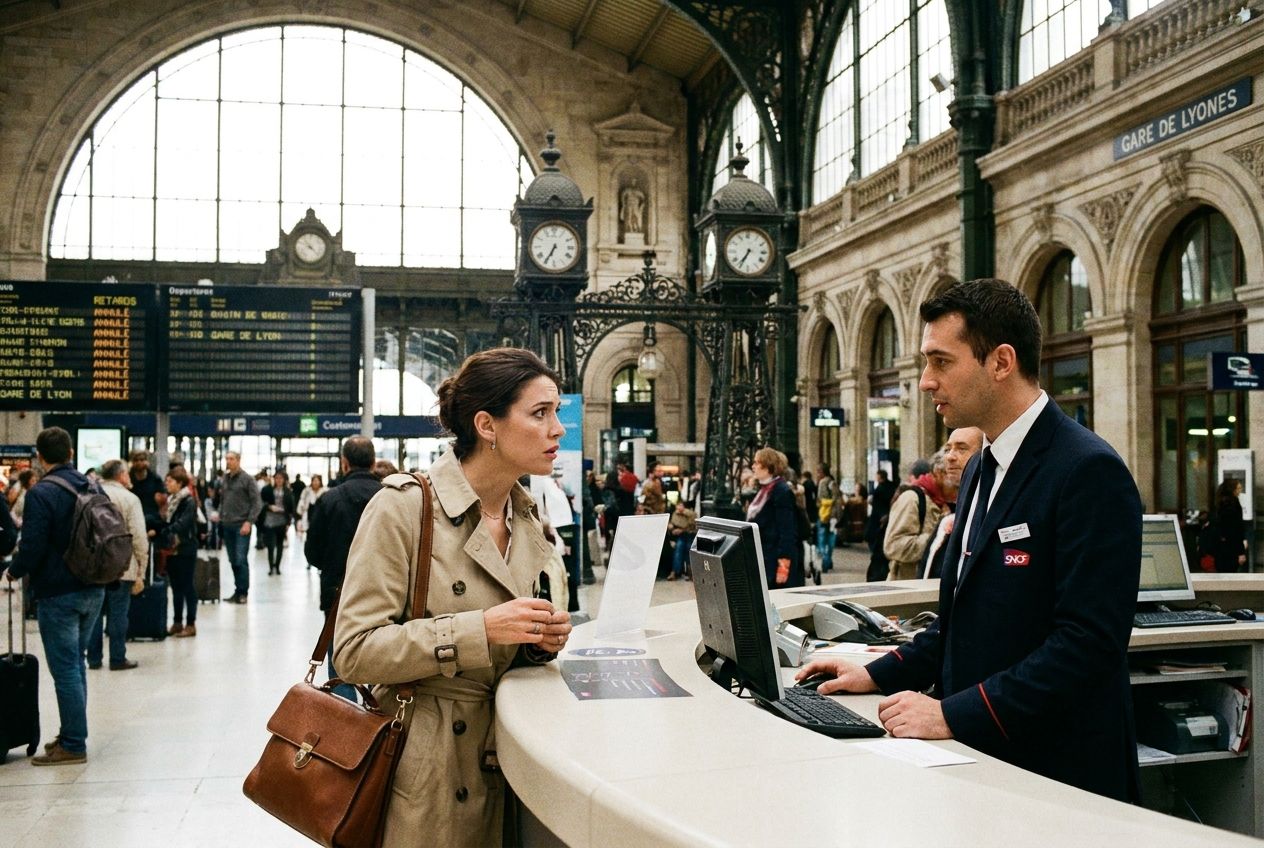 A stylish traveler with a worried expression speaks to a helpful, uniformed attendant at a busy customer service desk within a grand Parisian train station, bathed in warm, natural light. In the background, elegant French architectural details and blurred departure boards with French text hint at travel complexities, all composed for a dramatic 3:2 landscape photograph.
