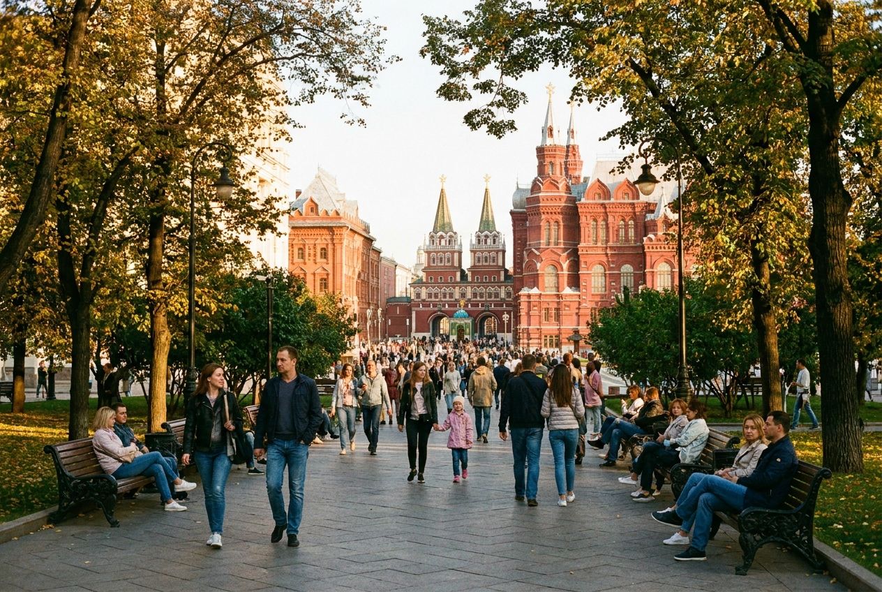 A wide, editorial photograph captures people enjoying a vibrant Russian city park during golden hour. Individuals are seen strolling along tree-lined paths and relaxing on benches, with ornate historical architecture in the background, all composed for a 3:2 landscape frame.