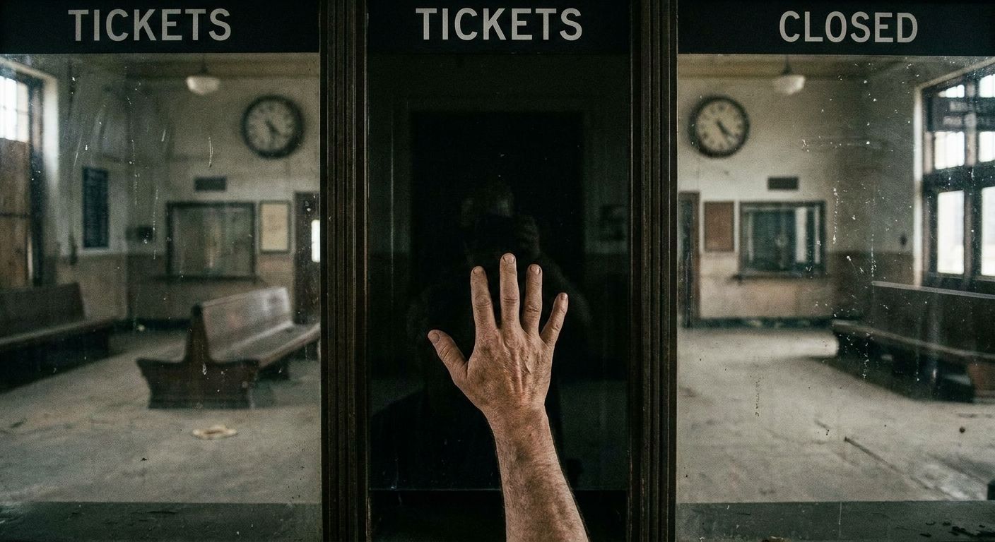 A close-up, low-angle photograph of a person's hand reaching towards an empty, dark ticket window, its glass reflecting the muted, empty interior of a train station, emphasizing a sense of absence.