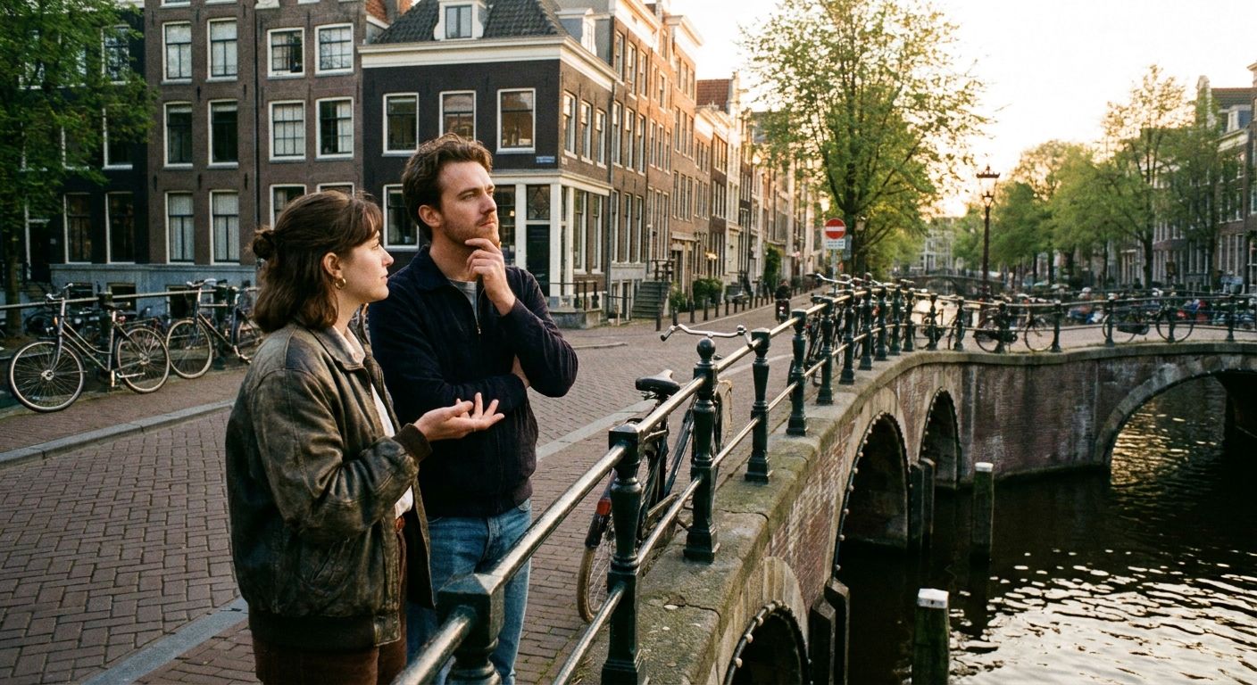 A candid photograph of two people standing on a charming bridge over an Amsterdam canal, one person gesturing subtly as if asking a question, while the other looks thoughtfully towards a path, contemplating a choice. The late afternoon light casts a warm glow on the historic Dutch architecture and the tranquil water.