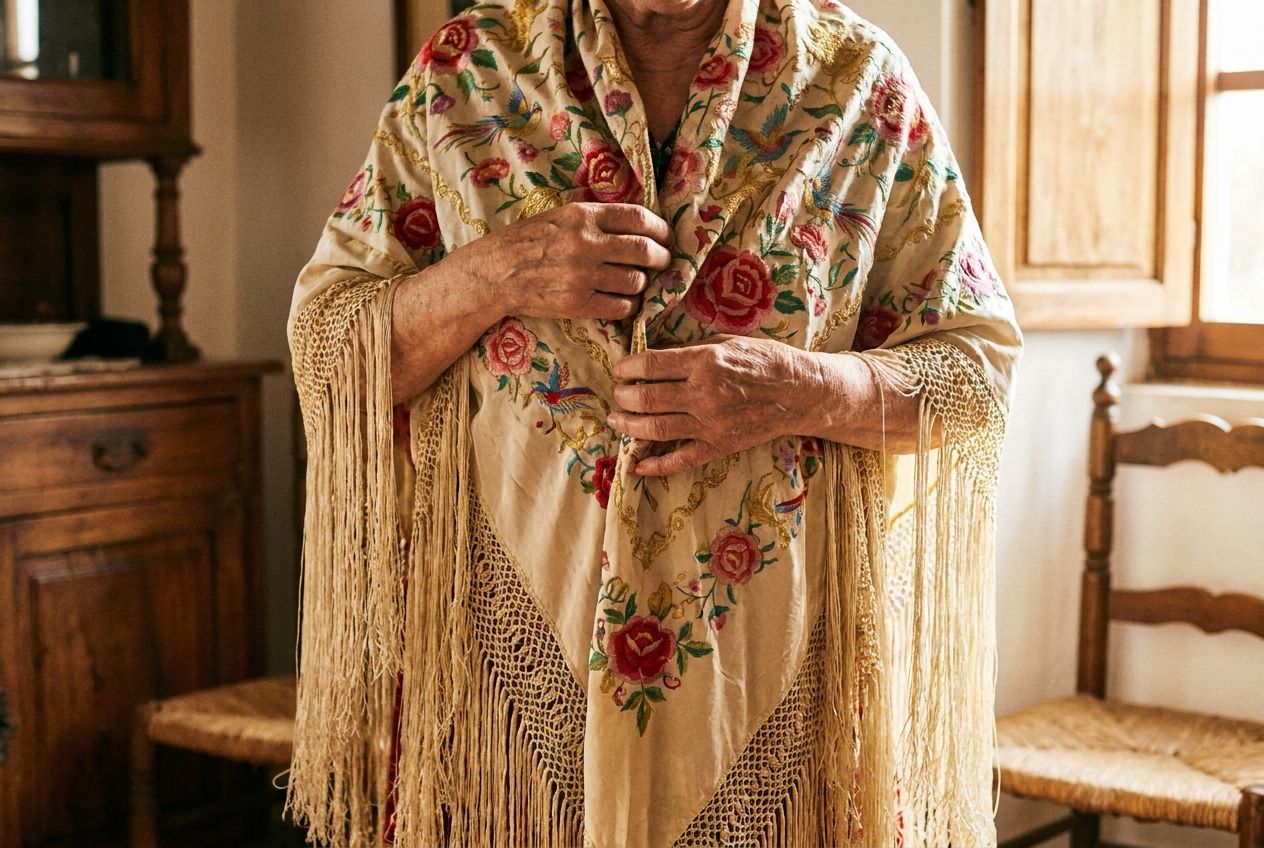 A vibrant, close-up photograph captures a person's hands delicately putting on a beautiful, intricately embroidered traditional Spanish shawl (mantón de Manila) over their shoulders. The rich fabric and the elegant gesture of transformation are the focus, composed for a 3:2 landscape frame with soft, warm lighting.