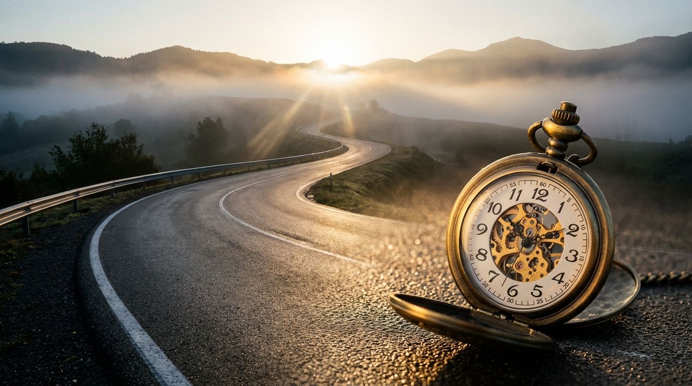 A dramatic wide-angle photograph of a winding road disappearing into a misty, distant horizon at sunrise, with a vintage, open pocket watch in sharp focus in the foreground, its intricate brass gears gleaming under the soft light.