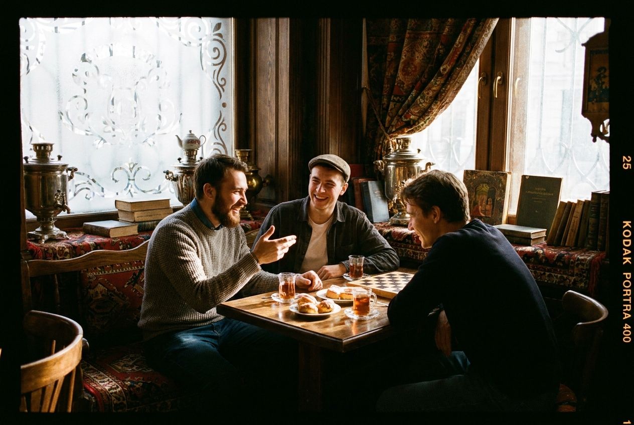 A candid photograph of three young men, friends or students, deeply engaged in conversation and laughter around a small wooden table inside a cozy, warmly lit traditional Russian cafe. Sunlight streams through an ornate window in the background, highlighting the rich textures of the cafe interior, composed for a 3:2 landscape frame.