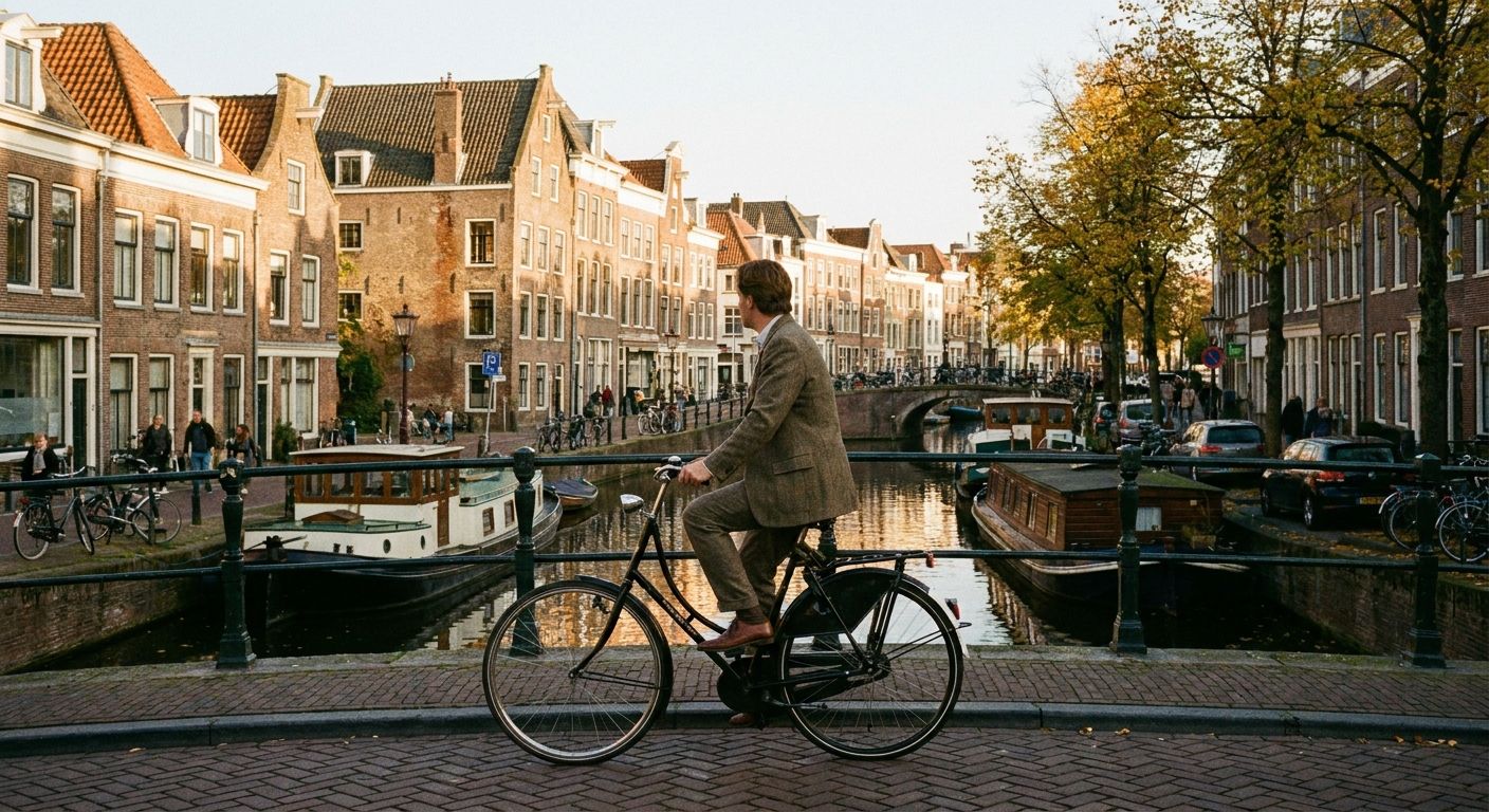 A person rides a classic Dutch bicycle over an old brick bridge spanning a canal in a picturesque Dutch city like Utrecht or Groningen. Traditional gabled houses line the canal banks, and the scene is bathed in warm, soft light, evoking a sense of timeless routine and history.