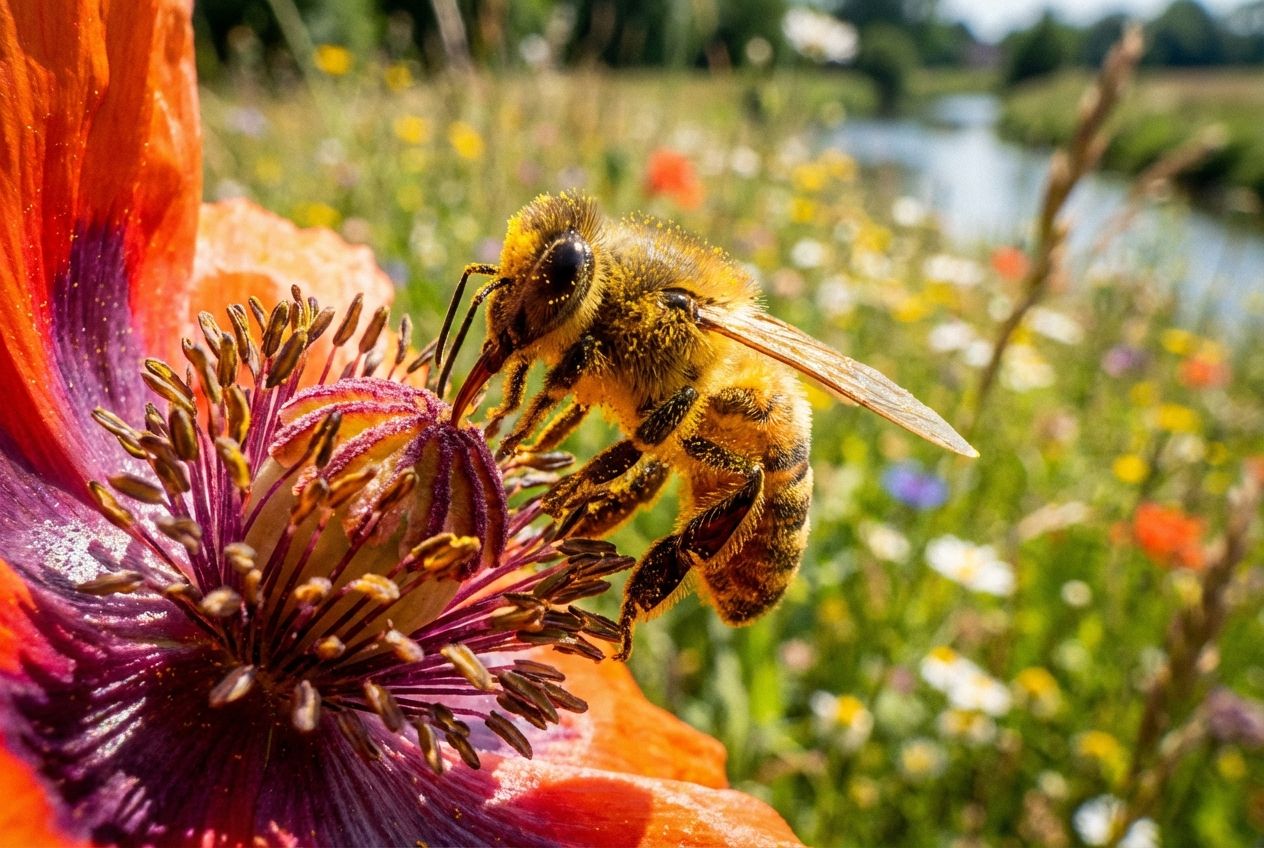 A dramatic, close-up photograph of a honeybee actively gathering nectar from a vibrant, richly colored flower, its fuzzy body and tiny legs dusted with bright yellow pollen. The background is a beautifully blurred bokeh of a lush, sun-drenched meadow, subtly hinting at the wider ecosystem and the interplay of living and non-living factors, composed for a wide 3:2 landscape frame.