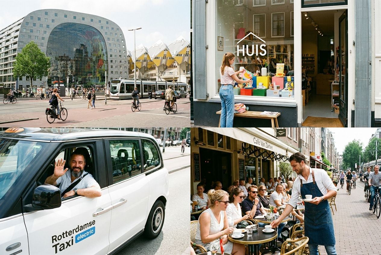 A candid, vibrant photograph of a bustling street in Rotterdam, Netherlands, featuring a taxi driver smiling from his car, a shop assistant arranging a display in a modern store window, and a waiter serving coffee at an outdoor cafe. The scene captures the city's modern architecture and active professional life under bright daylight, composed for a 3:2 landscape frame.