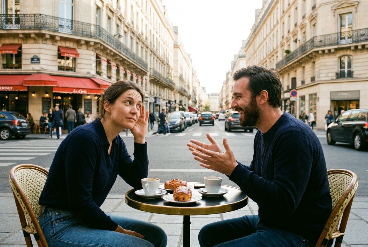 A candid photograph of two people engaged in a lively conversation at an outdoor cafe in Paris, one person with a slightly thoughtful, engaged expression, leaning in as if trying to catch a word, the other person speaking animatedly. The background shows blurred Parisian street life and historic architecture under warm, soft sunlight, composed for a 3:2 landscape frame.