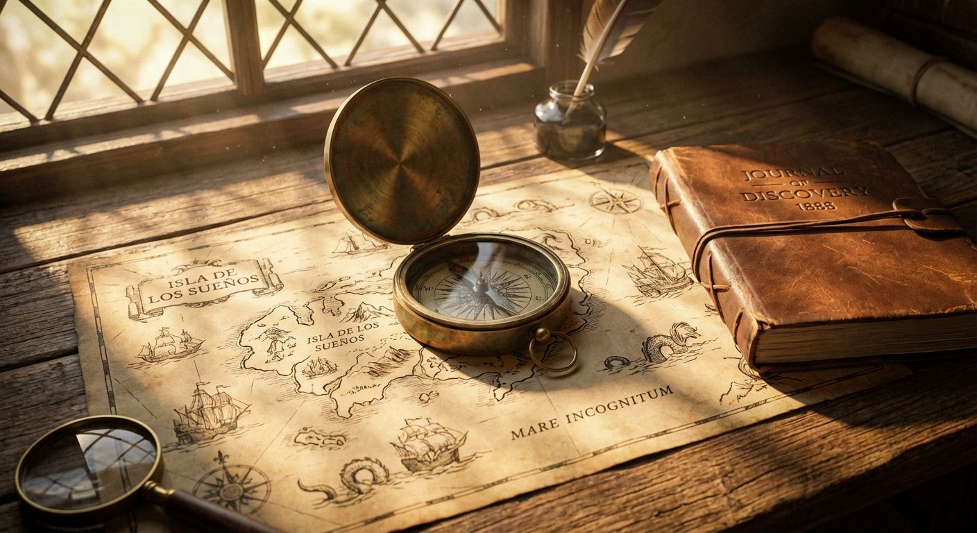 A high-resolution photograph of a vintage brass compass resting on a detailed, hand-drawn map alongside a leather-bound travel journal. The scene is illuminated by soft, warm sunlight streaming through a window, creating an evocative mood of discovery and planning.