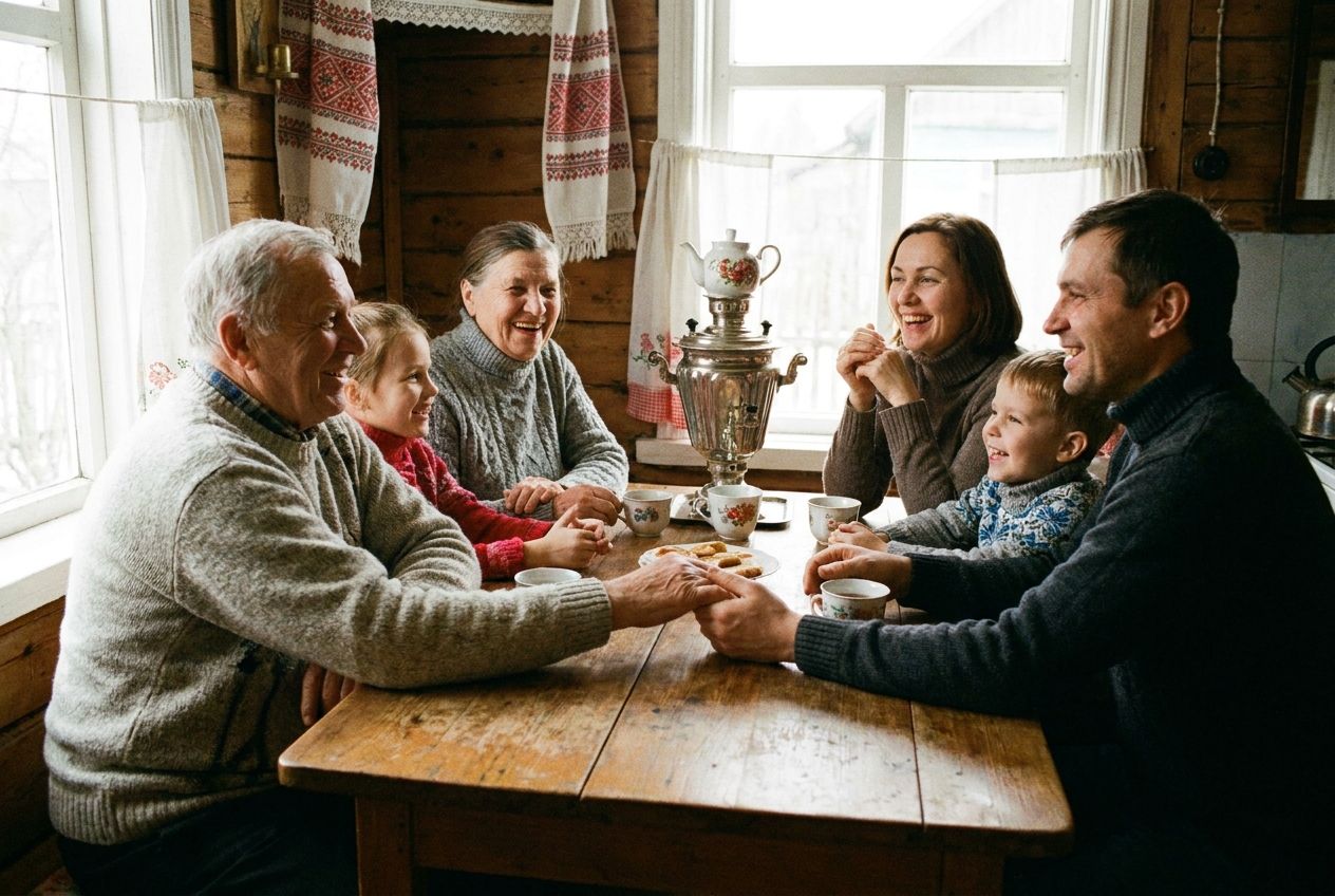 A warm, candid photograph of a multi-generational Russian family, including grandparents, parents, and children, laughing and sharing tea around a rustic wooden table, their hands gently touching. The scene is bathed in soft, natural light, emphasizing genuine connection and the tactile textures of their clothing and the wooden surfaces, composed for a 3:2 landscape frame.