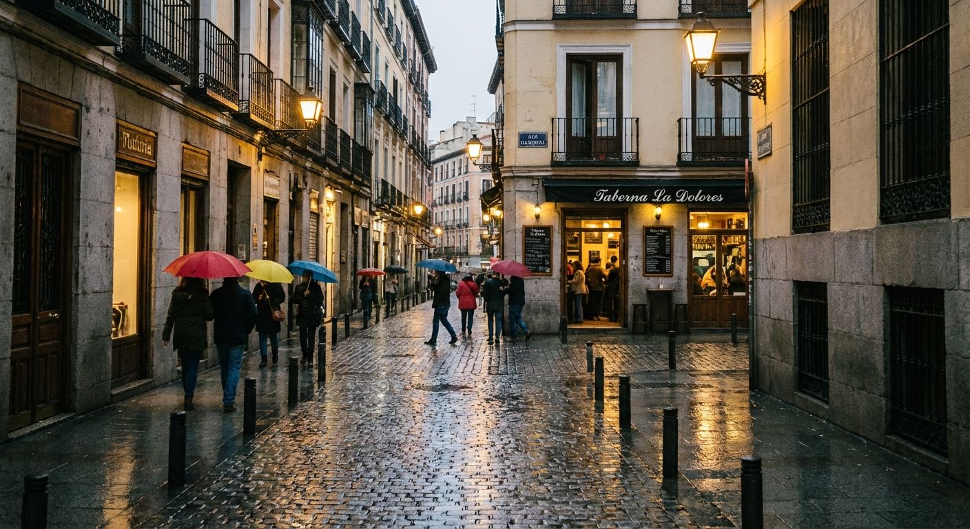 Here is a description of the image:

The image captures a street scene in a European city on a rainy day. The style is realistic and emphasizes the urban environment. The color palette is dominated by grays, browns, and muted tones, with pops of color from the umbrellas carried by pedestrians. The wet cobblestone street reflects the ambient light, creating a glistening effect.

The buildings are tall and old, with balconies and traditional architectural details. Street lamps cast a warm glow, contrasting with the cool tones of the sky and rain. People are walking down the street with umbrellas, suggesting a typical urban scene in inclement weather. On the right, a bar called "Taberna La Dolores" is open with several people inside. The composition is a perspective view, with the street leading the eye into the distance.
