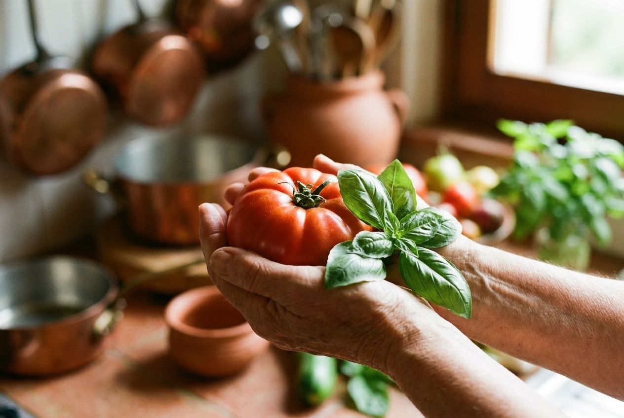 A warm, close-up photograph of two hands gently holding a vibrant red tomato and a sprig of fresh green basil, set against a softly blurred background of a rustic Italian kitchen or market stall, bathed in natural light and composed for a 3:2 landscape frame.