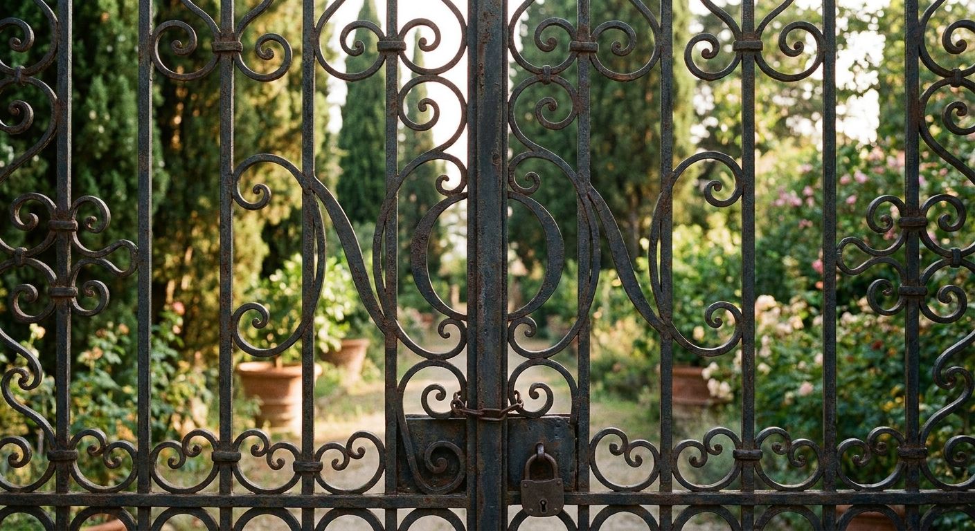 A close-up photograph of a beautifully ornate, antique wrought-iron gate, firmly closed, with a lush, slightly out-of-focus Italian garden visible just beyond the bars. The closed gate visually represents 'non' or 'not', creating a sense of exclusion or a clear boundary.