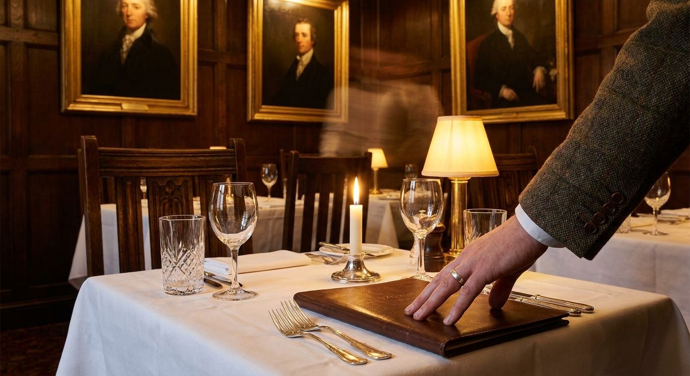 A vivid, sophisticated photograph inside a traditional British restaurant, focusing on a beautifully set table with a menu in the foreground, ready for dining. A person's hand subtly reaches for the menu, illuminated by warm, inviting lighting, capturing the anticipation of a meal.
