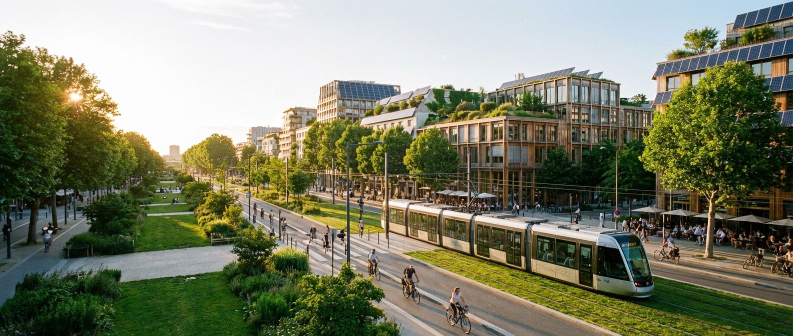 A vibrant, wide-angle photograph of a modern city street scene bathed in warm afternoon light. Lush green spaces with mature trees line the street, where people cycle and a sleek, electric public transport vehicle passes, while buildings in the background feature integrated solar panels and green roofs.