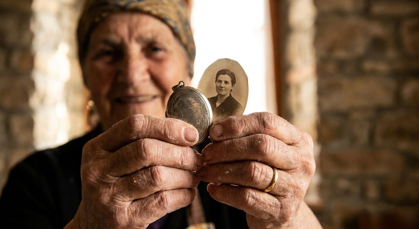 A close-up, dramatic photograph of an elderly Italian woman's (nonna) expressive, wrinkled hands gently holding a small, antique locket or a worn, sepia-toned photograph. Her hands are in the foreground, with her wise, smiling face slightly out of focus in the background, conveying a sense of storytelling and cherished memories, set in a warm, rustic Italian home.