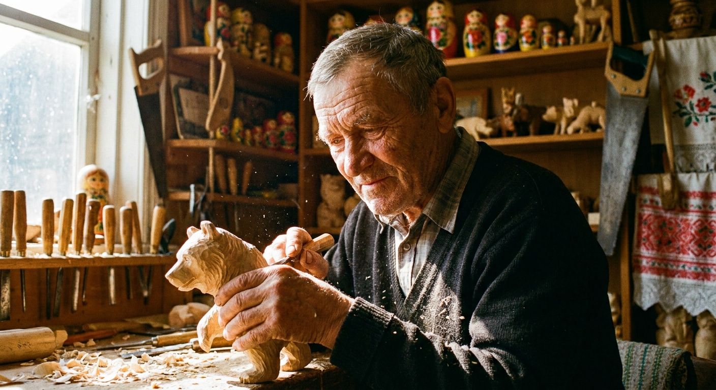 A medium close-up, candid photograph of an elderly Russian artisan with kind eyes and weathered hands, meticulously carving a wooden figurine in a sunlit workshop. The background is softly blurred, revealing shelves laden with unique, handcrafted wooden toys, intricate tools, and colourful textiles, emphasizing the rich textures and details of both the person and their creations.