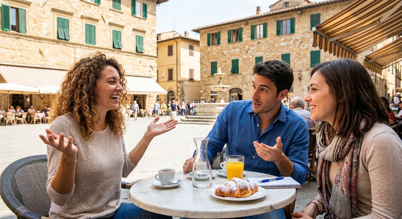 A vibrant outdoor cafe in a sun-drenched Italian piazza, where three friends are deeply engaged in animated conversation, gesturing expressively. On their small marble table, an espresso and a glass of water or juice sit alongside a tempting pastry, symbolizing choices and connections in a lively social setting, with classic Italian architecture in the background.