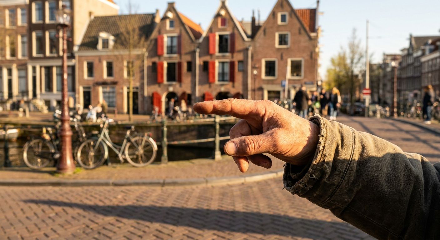 A close-up, dramatic photograph of a hand pointing across a vibrant, sunlit Dutch canal scene, with traditional gabled houses and bicycles in the background. The focus is on the pointing gesture, implying direction or reference within a natural conversation.