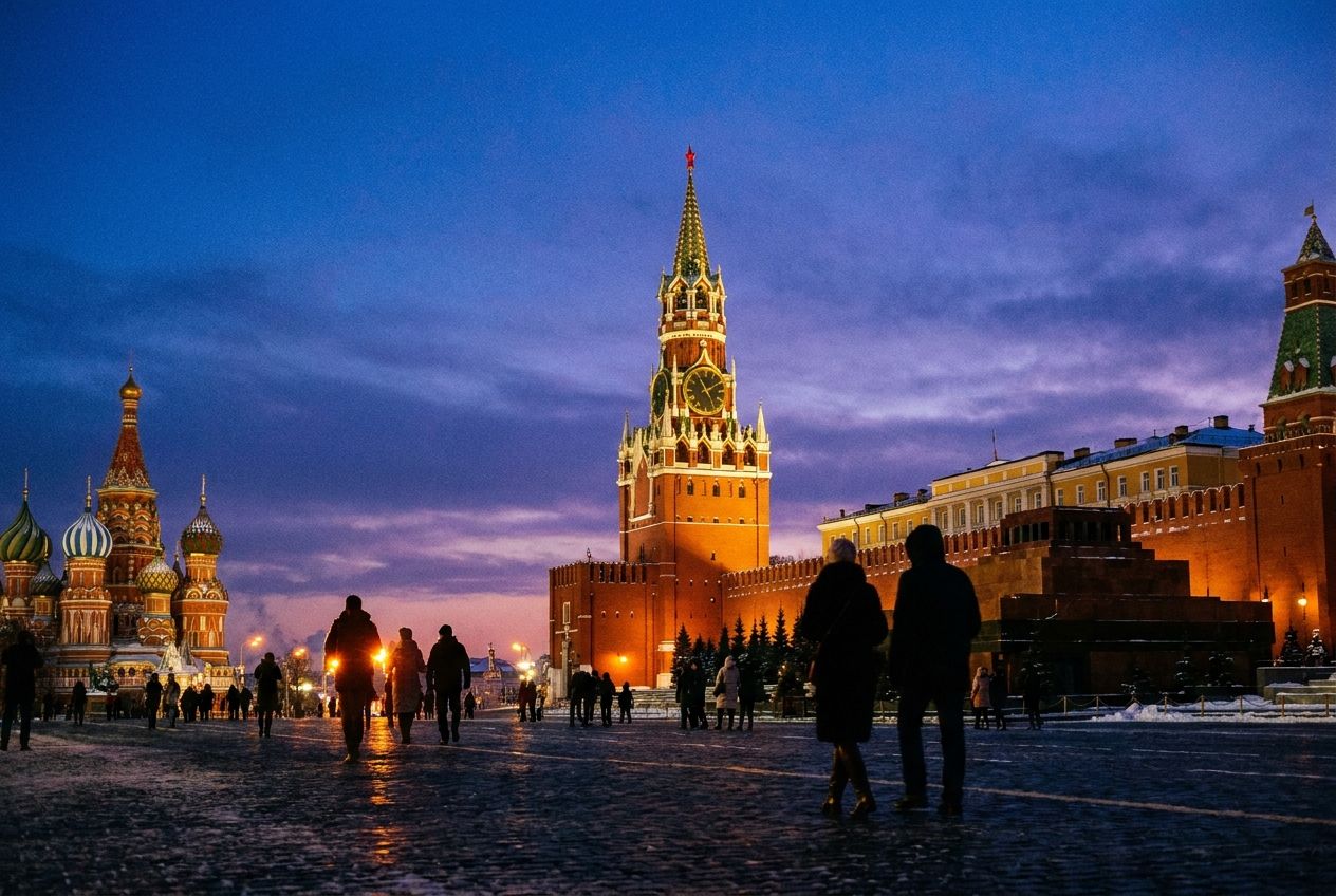 A wide 3:2 landscape shot of Moscow's Red Square at twilight. The iconic Spasskaya Tower clock is brightly illuminated, its ornate details sharp against the deepening blue sky, while people stroll and gather in the foreground, their silhouettes catching the warm glow from nearby lights.