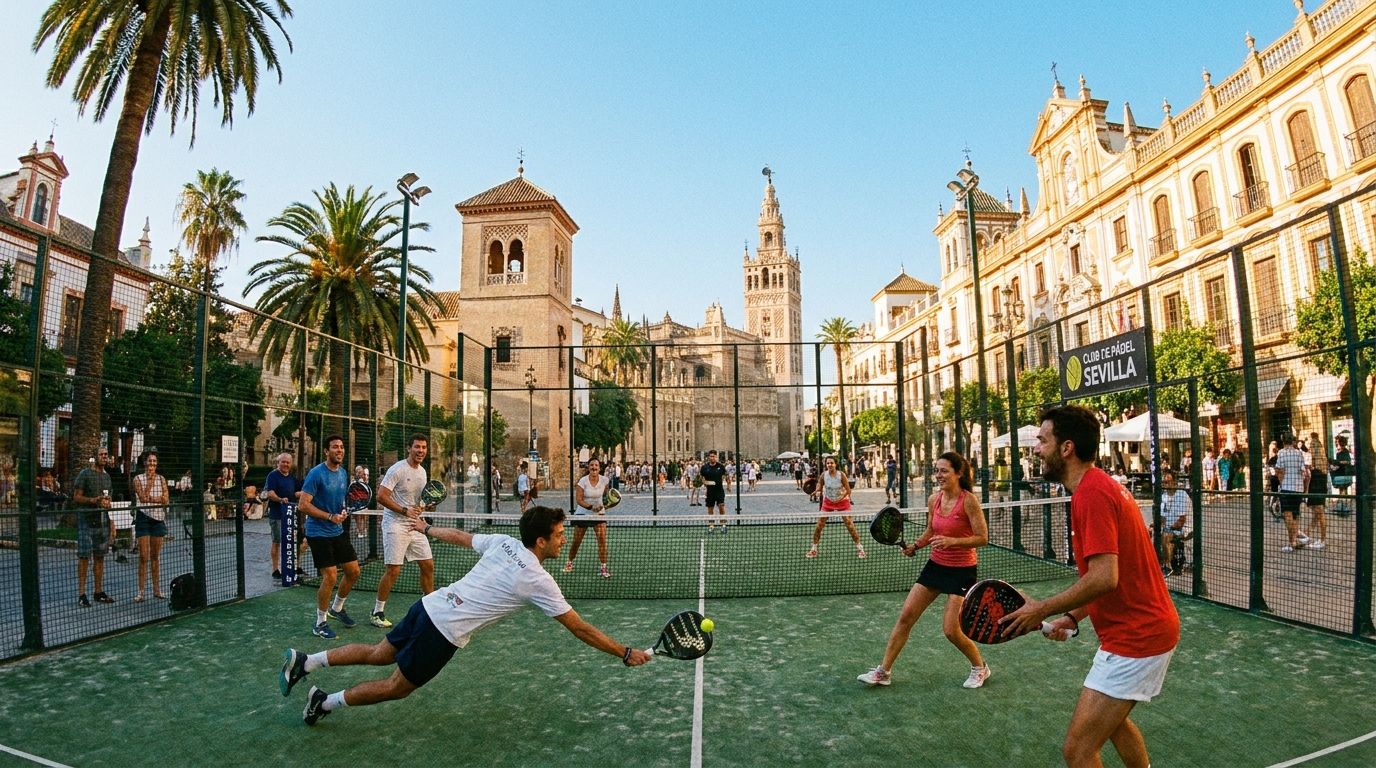 A dynamic, wide-angle photograph of a group of friends enthusiastically playing padel on an outdoor court in a sun-drenched Spanish city park. Historic Spanish architecture rises in the background under a clear blue sky, capturing a vibrant scene of leisure and sport.