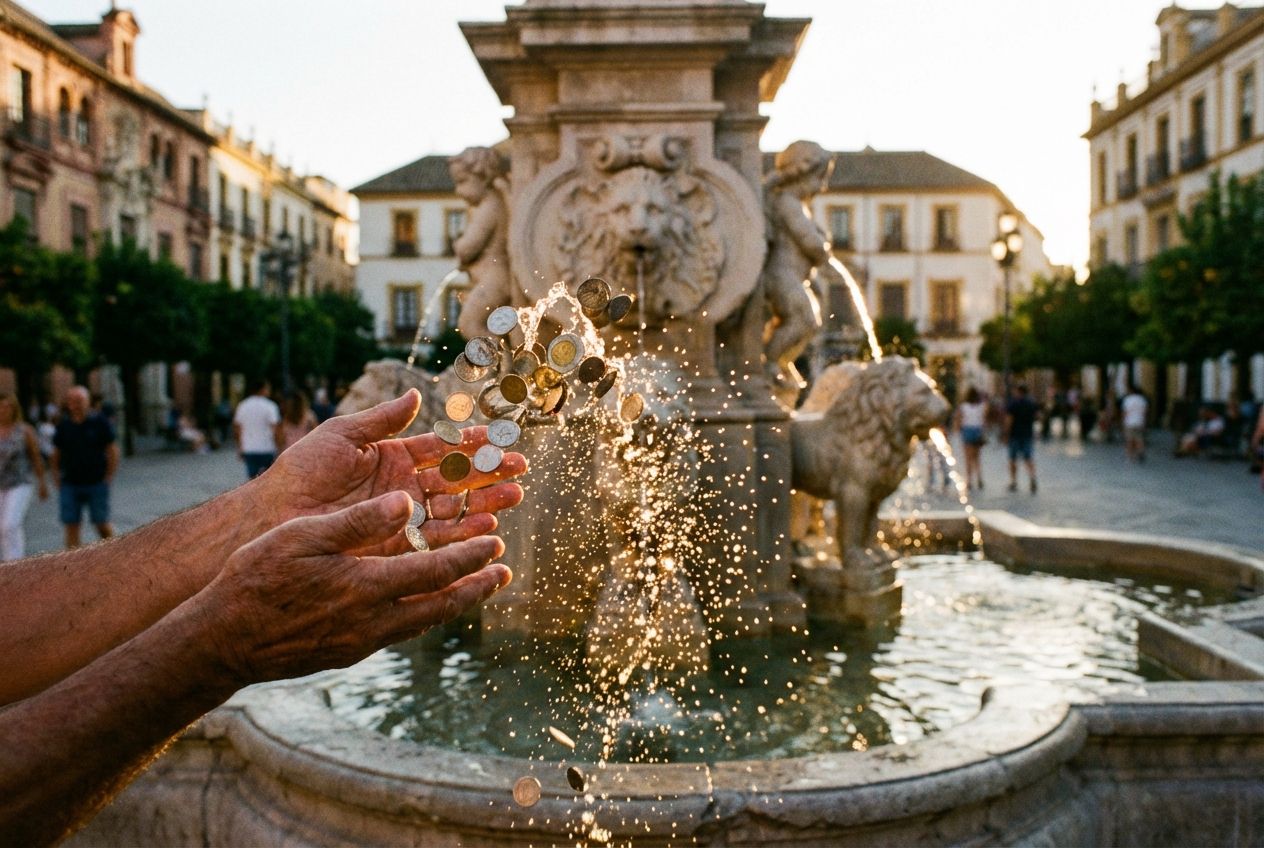 A dramatic close-up photograph of hands gracefully tossing several shimmering coins into a grand, ornate traditional Spanish fountain. The water is illuminated by the warm, golden light of a setting sun, creating sparkling reflections. The background is a softly blurred, atmospheric Spanish plaza, composed for a 3:2 landscape frame.