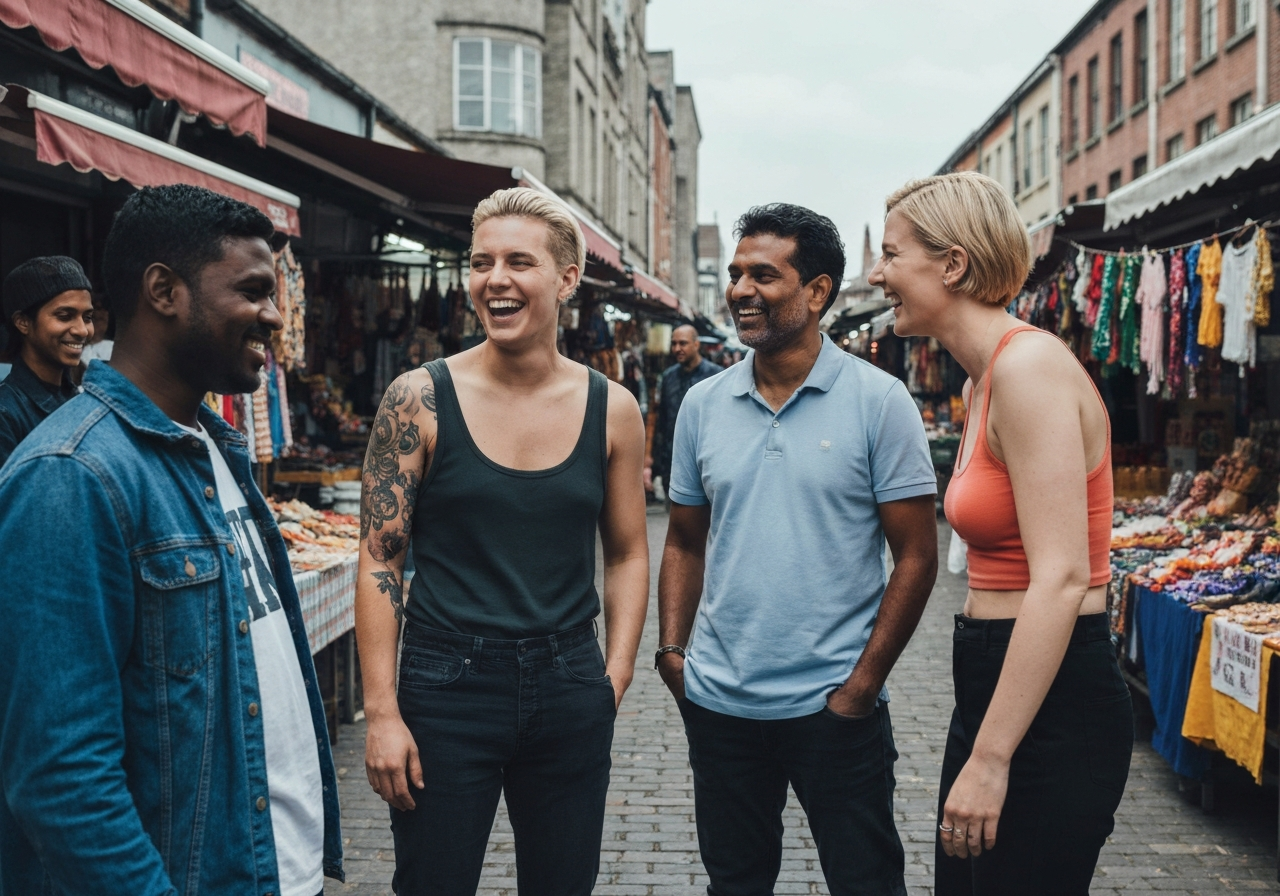 A candid photograph of a diverse group of friends sharing a laugh and conversation as they gaze out over a vibrant Spanish coastal town at sunrise, with the golden light illuminating the scene. The image captures a sense of optimism, connection, and looking forward to future possibilities in a wide, horizontal frame.