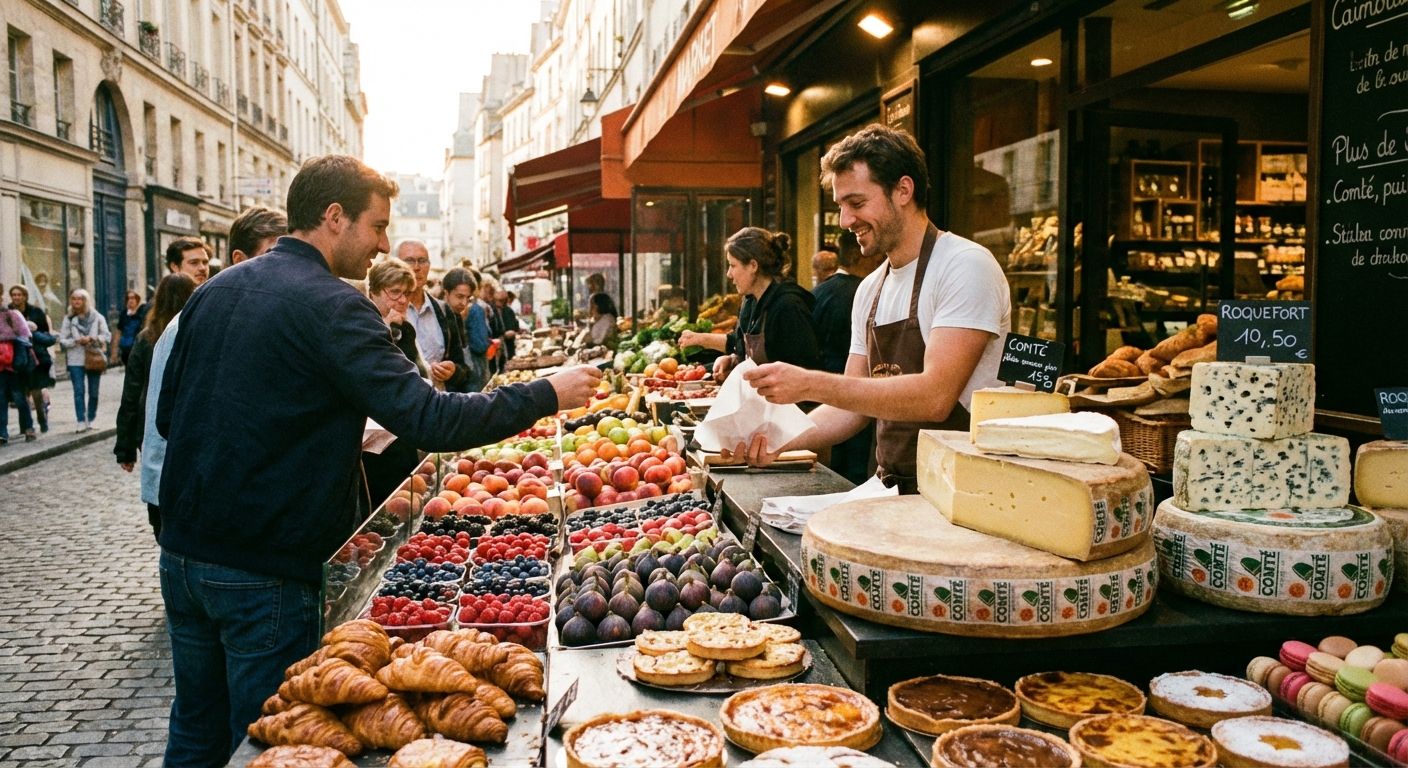 This is a street scene depicting a vibrant marketplace in Europe, likely Paris. The style is naturalistic, almost journalistic, with warm, slightly desaturated colors. The main subject is a market stall overflowing with fresh produce, pastries, and cheeses. The stall occupies the foreground and is staffed by a smiling vendor handing a purchase to a customer.

The composition is balanced, with the market stall acting as the central focus. A crowd of shoppers lines up behind the customer, adding depth and context. The buildings on either side of the street frame the scene, drawing the viewer's eye toward the warmly lit market. The warm sunlight suggests either sunrise or sunset.