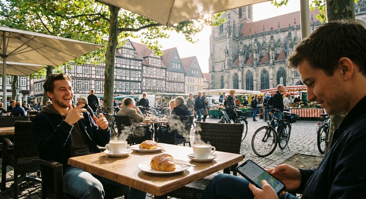 A candid photograph of two friends enjoying coffee and pastries at a bustling outdoor café in a picturesque German city, one subtly checking their smartphone. Sunlight filters through the scene, highlighting their animated conversation and the vibrant atmosphere, suggesting plans being made or confirmed.