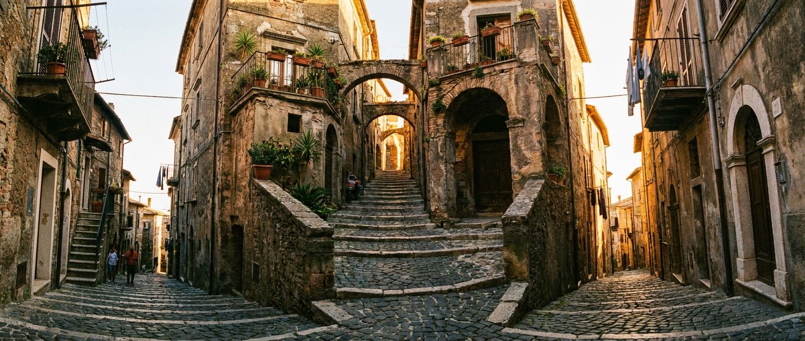 A dramatic wide-angle photograph looking up a steep, winding cobblestone alleyway in a historic Italian hill town, with irregular stone steps and ancient archways leading out of sight. The weathered buildings on either side showcase unique architectural details, bathed in the warm, golden light of late afternoon sun.
