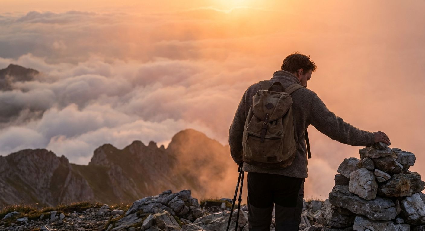 A lone figure stands on a mountain peak in the Bavarian Alps at dawn, gazing across a dramatic, misty valley. Their posture suggests reflection on a completed journey, bathed in warm, golden light, capturing a sense of accomplishment and past experiences.