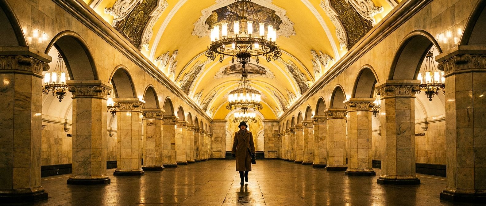 A wide shot looking down a long, ornate hall of a Moscow Metro station, with a solitary figure walking towards the viewer, framed by the station's distinctive columns and arches, bathed in warm, dramatic light.