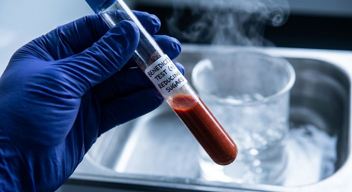 A dramatic close-up photograph of a gloved hand holding a test tube filled with a vibrant, intense brick-red solution, indicating a positive Benedict's test for reducing sugars. Steam gently rises from a water bath in the softly blurred background, with sharp, scientific lighting illuminating the striking chemical reaction.