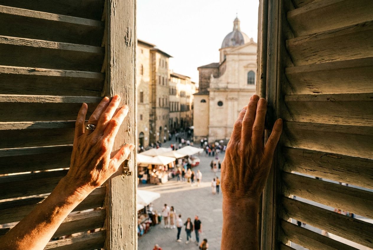 A close-up, dramatic photograph captures elegant hands gently pushing open rustic wooden shutters, revealing a sun-drenched, vibrant Italian piazza bustling with life and historic architecture in the background. The scene is composed for a 3:2 landscape frame, emphasizing the beauty of discovery.
