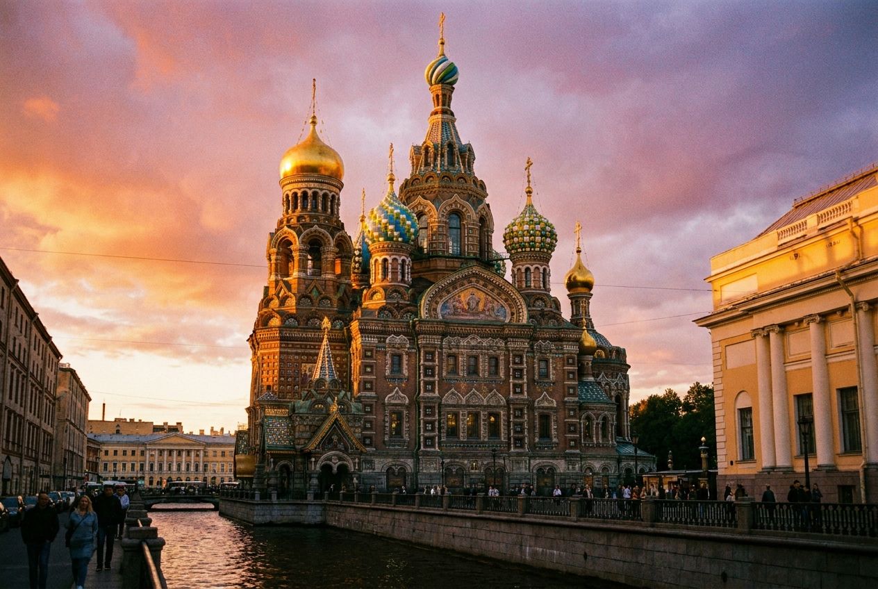 A vibrant, wide-angle photograph of the Church of the Savior on Spilled Blood in Saint Petersburg, Russia, at golden hour. Its ornate, colorful onion domes and intricate mosaics are bathed in warm, dramatic light, casting long shadows across the scene and emphasizing its stunning architectural grandeur, composed for a 3:2 landscape frame.