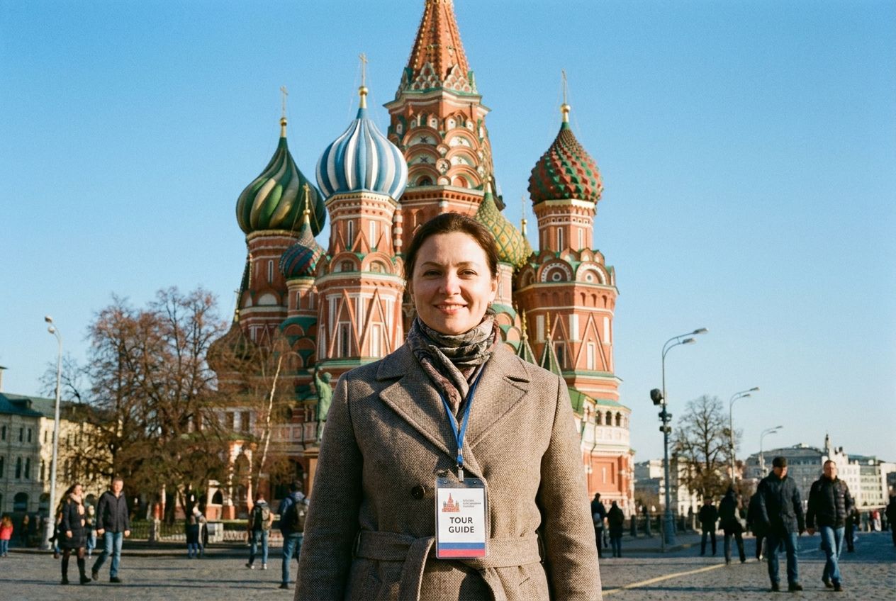 A professional Russian tour guide, smiling, stands in the mid-ground, slightly to the left, with the vibrant, onion-domed St. Basil's Cathedral on Red Square in Moscow filling the background under a clear blue sky. Crisp daylight illuminates the scene, highlighting the architectural details and the guide's friendly expression, composed for a 3:2 landscape frame.