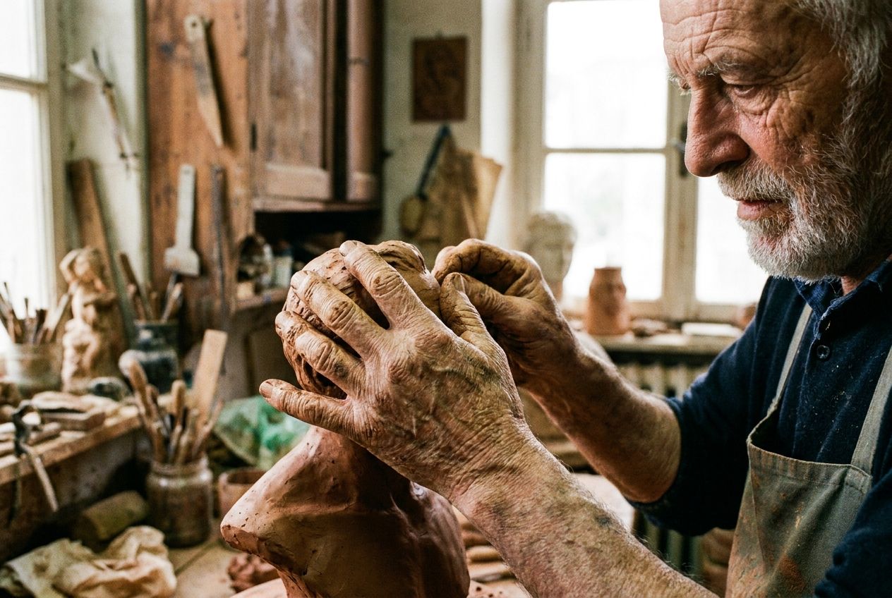 A dramatic, close-up photograph of an elderly Italian artisan's hands, weathered with age and experience, delicately shaping a piece of terracotta or wood. Their focused expression is partially visible in the background, bathed in soft, natural light, inviting curiosity about the person and their intricate craft in a traditional Italian workshop setting, composed for a 3:2 landscape.