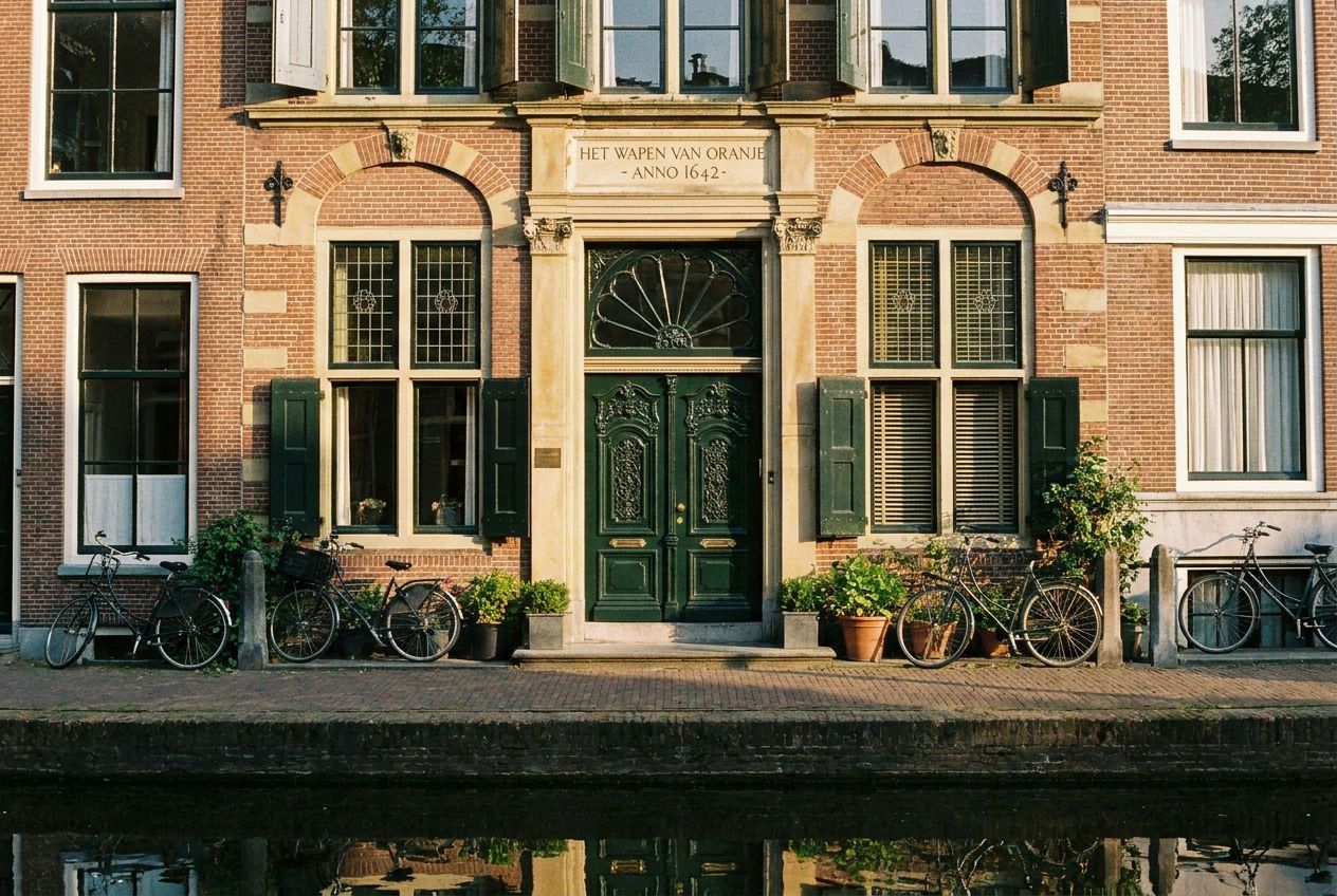 A striking photograph of a traditional, intricately detailed Dutch canal house facade, featuring a prominent, inviting entrance door. The scene is bathed in the warm, natural light of a clear day, highlighting the unique architecture and rich textures, captured in a 3:2 landscape frame.