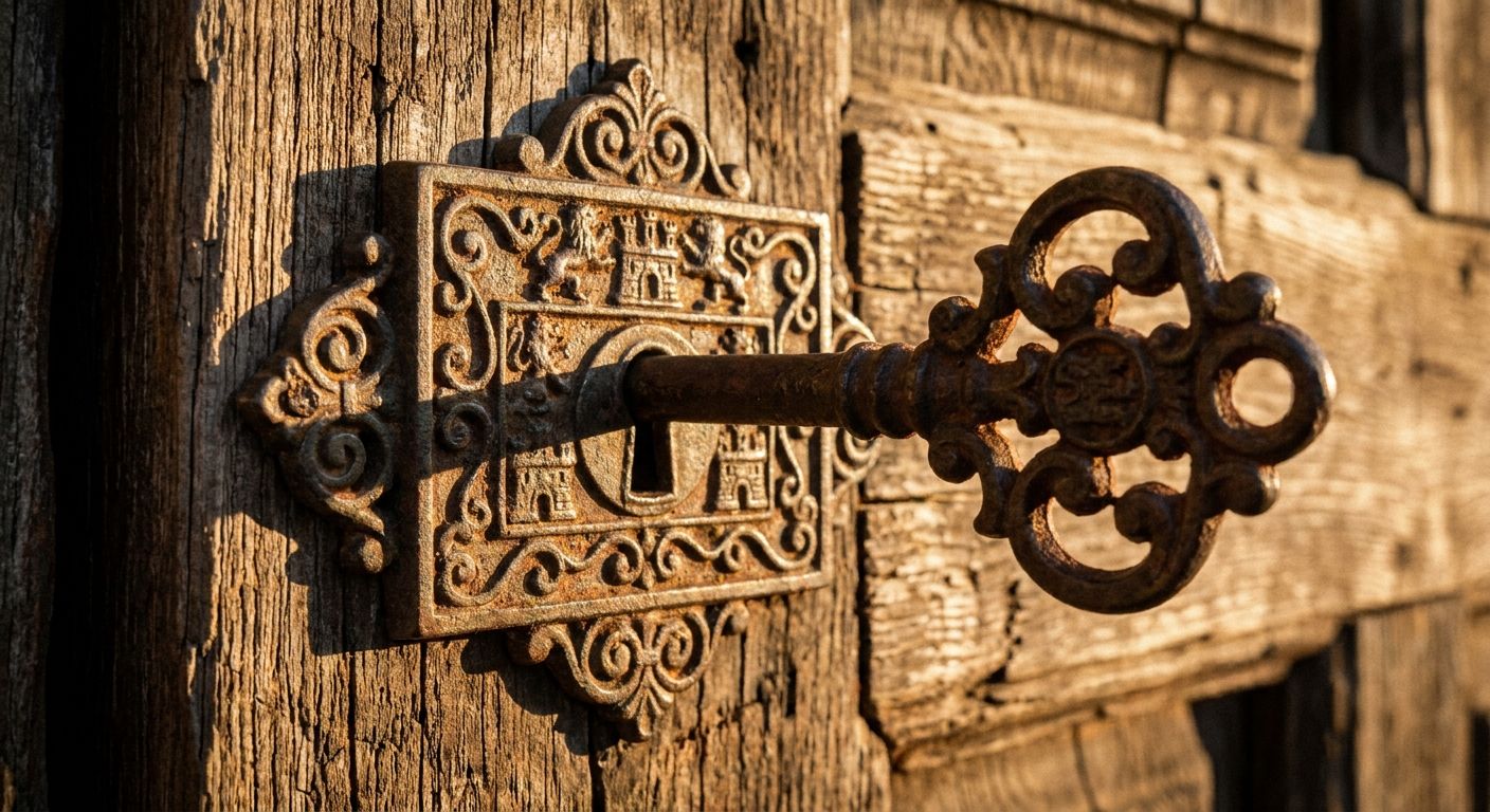 A close-up, dramatic photograph captures an ornate, vintage iron key perfectly fitting into an equally intricate, antique Spanish-style lock on a weathered wooden door, bathed in warm, soft light to emphasize the intricate details and the precision of the fit, with a shallow depth of field.
