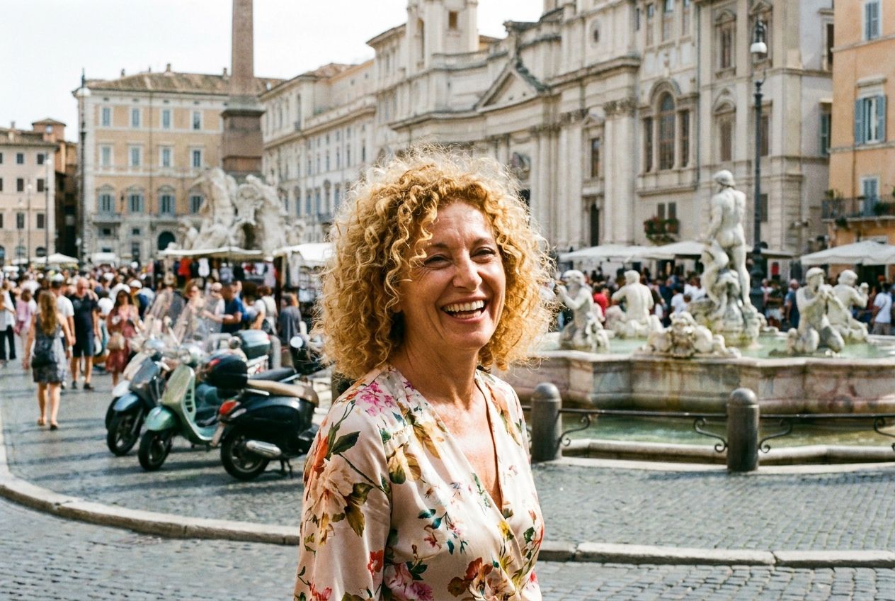 A captivating photograph of an elegant Italian woman with striking blonde curly hair, her face expressing warmth and charm, set against a sun-drenched backdrop of a bustling Italian piazza with ornate historic architecture. The image should be vibrant and full of evocative details, composed for a 3:2 landscape frame.