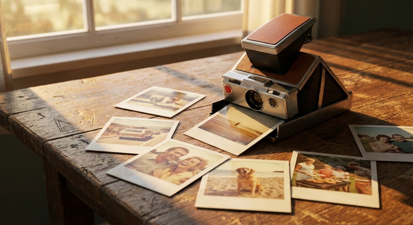 A cinematic, close-up photograph of a vintage Polaroid camera and several scattered instant photos on a rustic wooden table, capturing nostalgic moments from the past. The scene is bathed in warm, golden hour sunlight, creating a sentimental and evocative atmosphere.