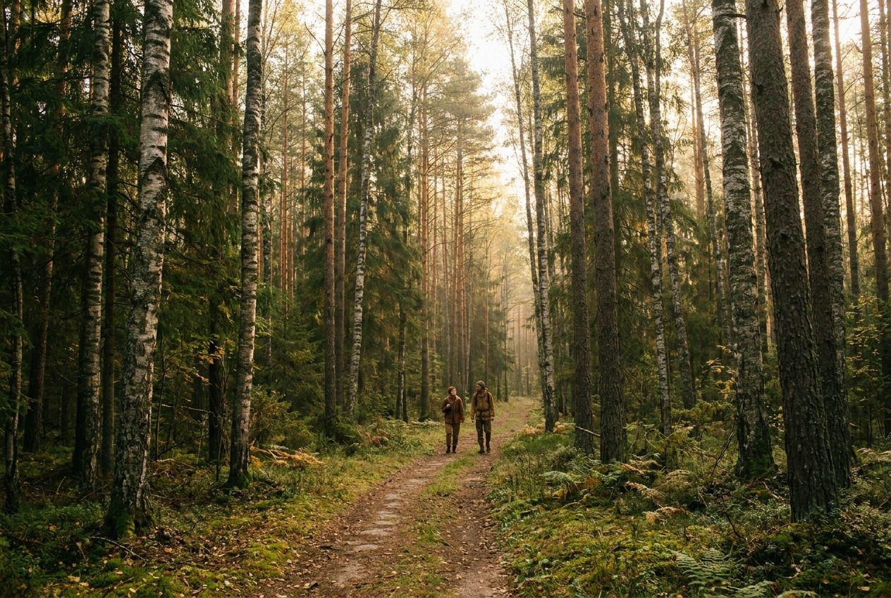 A wide shot of two people walking along a winding path deep within a dense, sun-dappled Russian forest, with tall birch trees and pine trees creating a natural canopy. Soft, golden light filters through the leaves, casting long shadows on the forest floor, composed for a 3:2 landscape.