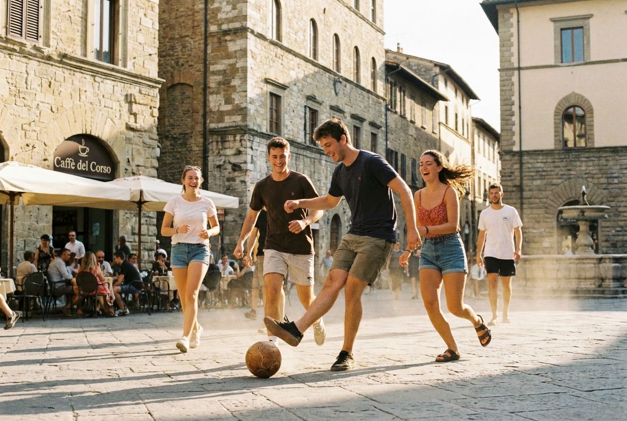 A vibrant, candid photograph of young adults joyfully playing football in a sun-drenched, historic Italian piazza, with ancient stone buildings and a cafe in the background. The scene captures lively action and the warmth of Italian leisure, composed for a 3:2 landscape frame.