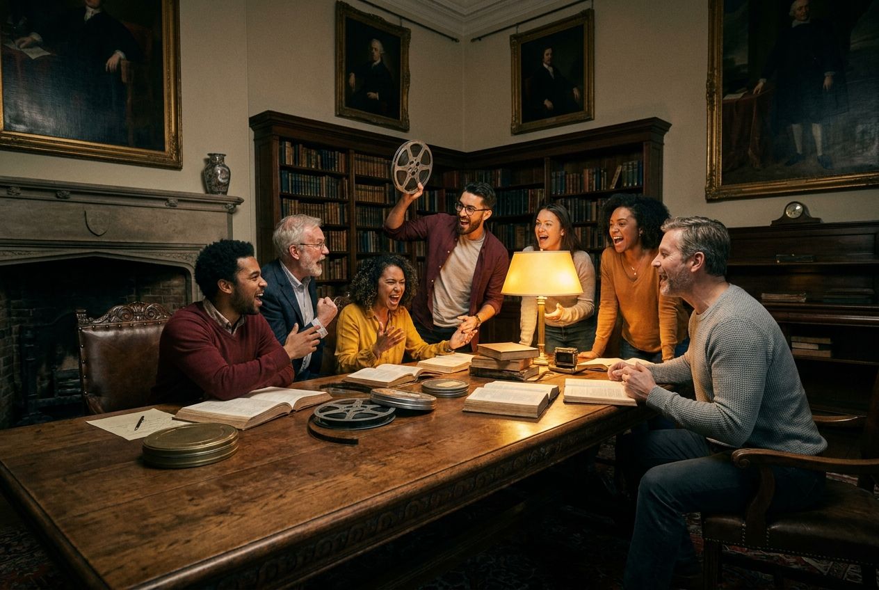 A dramatic, wide-angle photograph capturing a diverse group of friends passionately discussing stories, films, and books around a large, antique wooden table in a grand, dimly lit library. Open books are scattered, and one person holds up a vintage film reel, while others gesture emphatically, their faces animated with debate and shared insights under the warm glow of an old desk lamp, composed for a 3:2 landscape.