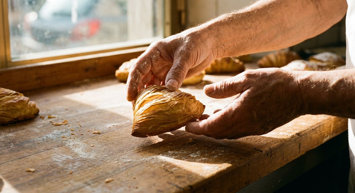 A close-up, warm-toned photograph of two hands delicately placing a freshly baked, flaky Italian pastry onto a rustic wooden counter in a sunlit Italian bakery. One hand gently guides the pastry, while the other provides subtle support, emphasizing careful and tender handling.