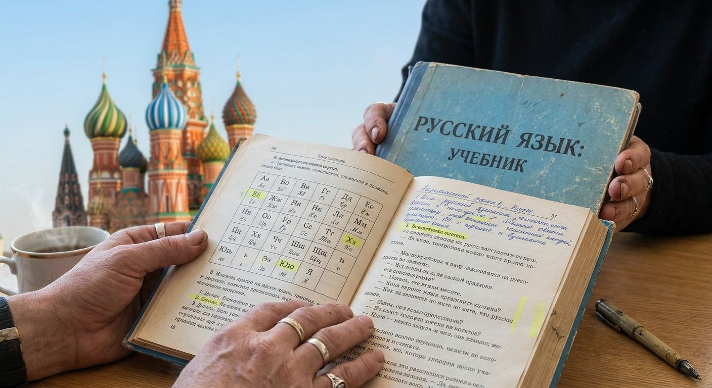 A close-up, slightly elevated shot captures a person's hands gently holding an open, well-loved Russian language textbook, its pages filled with handwritten notes and highlighted phrases. In the softly blurred background, the iconic domes of St. Basil's Cathedral in Moscow stand majestically under a clear, bright sky, hinting at the aspirations and consequences of their studies.