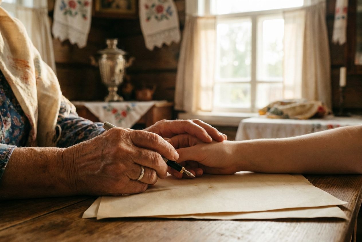 A close-up, art-directed editorial photograph of an older Russian woman's weathered hand gently guiding a younger person's hand holding a pen over a piece of paper, bathed in soft, warm light. The intimate scene suggests a quiet instruction or request, with subtle details of a traditional Russian home in the background, composed for a 3:2 landscape frame.