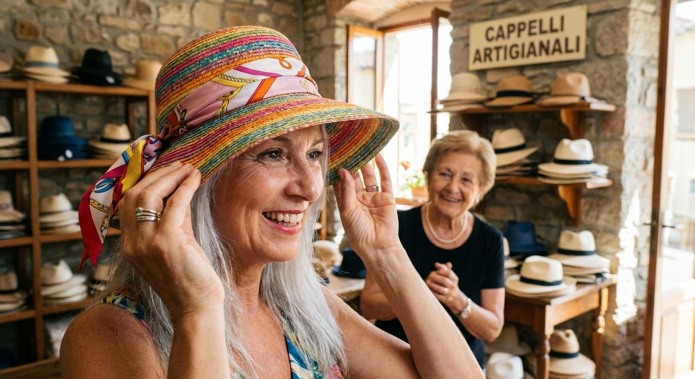 A vibrant close-up photograph of an elegant woman trying on a stylish, wide-brimmed hat in a charming Italian boutique. Her hands are delicately adjusting the hat, while a friendly Italian shop assistant smiles warmly in the softly lit background, hinting at a pleasant shopping experience.