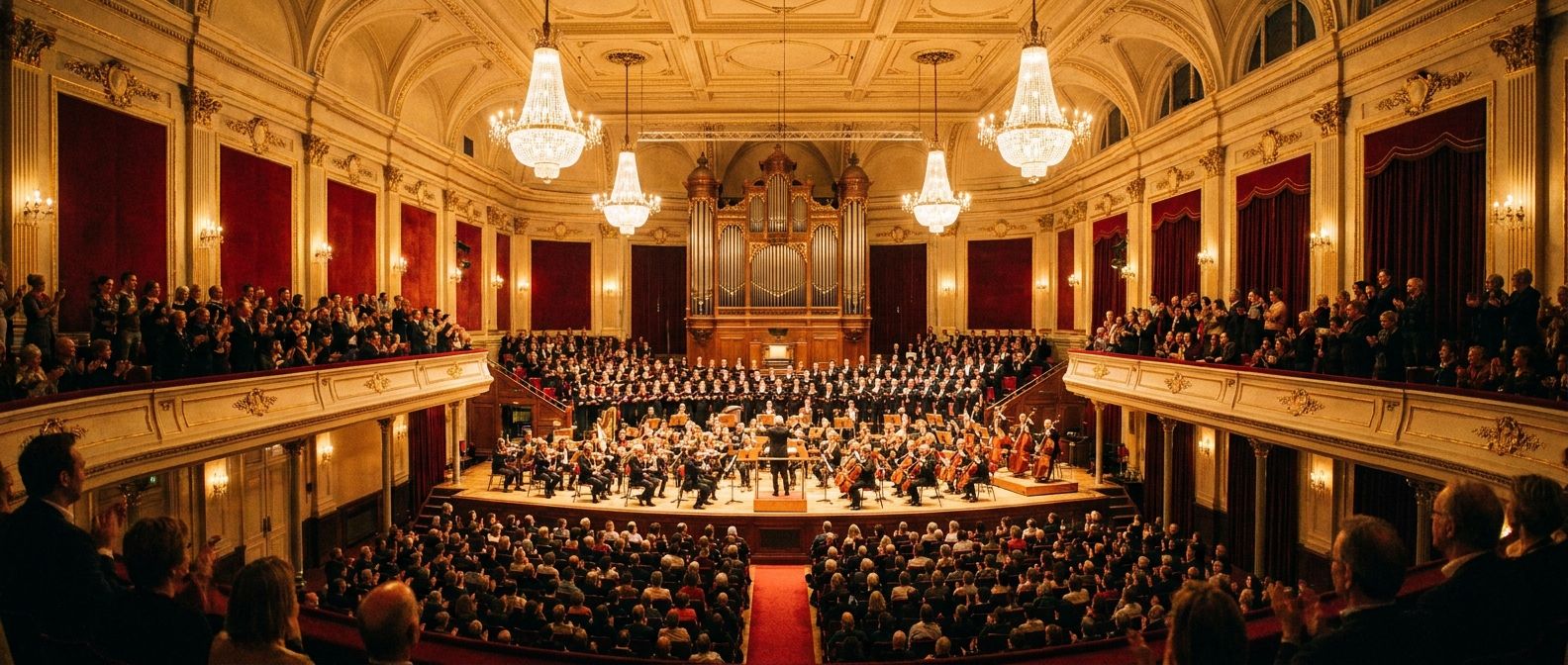 A dramatic wide-angle photograph capturing the ornate interior of a historic Dutch theater or concert hall, like the Concertgebouw in Amsterdam, during an exciting performance. The stage is brightly lit, with the audience visible in the 'zaal' and on the 'balkon', bathed in warm, evocative lighting.
