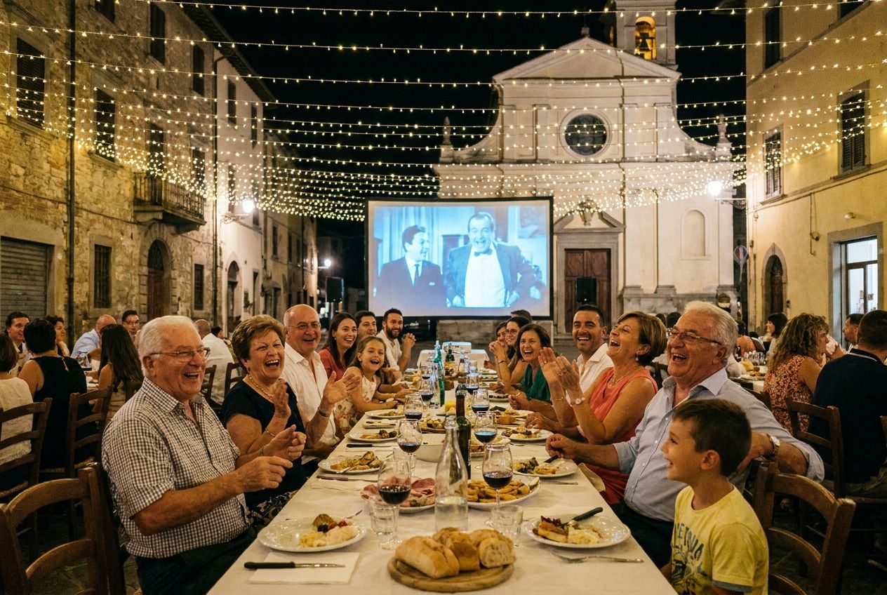 A candid photograph of a multi-generational Italian family laughing together while watching a lively comedy film outdoors on a warm summer evening in a charming Italian town square, bathed in the soft glow of string lights and a projection screen, composed for a 3:2 landscape frame.